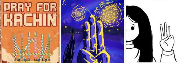 미얀마 군부 쿠데타 이후 젊은층을 중심으로 오프라인뿐 아니라 온라인에서도 활발하게 시위가 전개되고, 더 많은 참여를 독려하는 움직임이 벌어지고 있다. 예술가들은 티셔츠, 플래카드 등에 인쇄할 수 있는 시위 관련 이미지를 만들어 온라인에 무료 배포하기도 한다. 사진은 저항의 상징인 세 손가락 경례를 다양한 이미지로 만든 ‘자유를 위한 예술’ 사이트 홈페이지.홈페이지 캡처