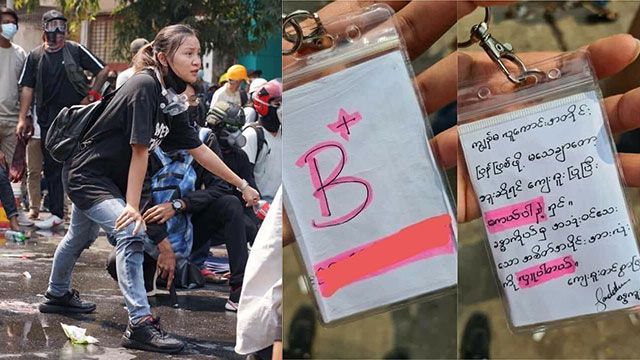 3일(현지시간) 오전 미얀마 군사쿠데타에 항의하는 시위에 나서 당당히 군경에 맞서고 있는 19세 여성 마 키알 신의 모습과 그의 목에 걸려 있던 혈액형과 ‘죽으면 장기를 기증해달라’고 적힌 팻말. 그녀는 오후에 총격을 받고 붉은 색 수의를 입은 시신으로 카메라에 포착됐다.소셜미디어 캡처