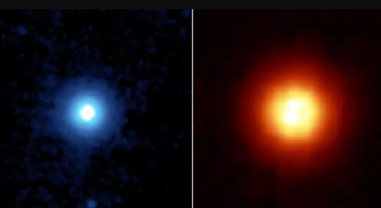 NASA의 스피처 우주망원겨으로 본 베가의 두 모습. 이 별 주위에서 해왕성 크기의 타는 듯이 뜨거운 외계행성 후보가 발견되었다.(출처 : NASA/JPL-Caltech/University of Arizona)