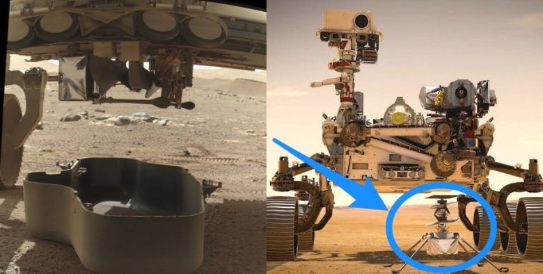 사진 왼쪽은 퍼서비어런스 밑에 떨어져있는 인제뉴어티 보호덮개의 모습이다. 덮개 위에 붙어있는 것이 인제뉴어티다. 사진 오른쪽은 퍼서비어런스와 인제뉴어티의 가상 이미지다.