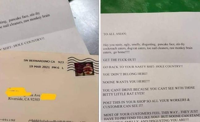 아시아계가 운영하는 네일숍에 배달된 증오 편지. 인스타그램 게시물 캡처
