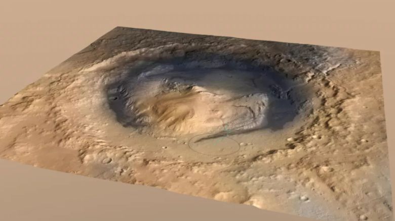 화성의 게일 분화구. 큐리오시티는 이 지역을 탐사하여 화성의 물이 일시에 사라져버린 것이 아니라는 사실을 밝혀냈다. (출처= NASA/JPL-Caltech/ESA/DLR/FU Berlin/MSSS)