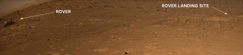 인저뉴어티가 3차 시험비행 중 촬영한 사진. 왼쪽에 퍼서비어런스, 오른쪽에는 착륙지점이 보인다.