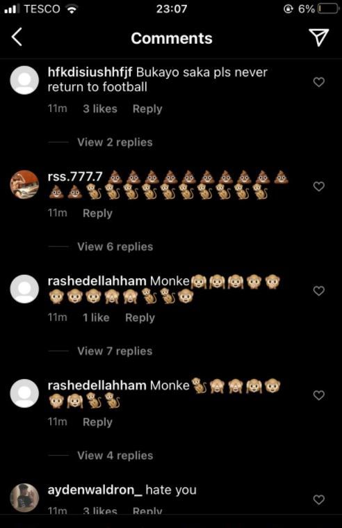 잉글랜드 축구 대표팀 부카요 사카 선수에 대한 인종차별 공격. 트위터 캡처