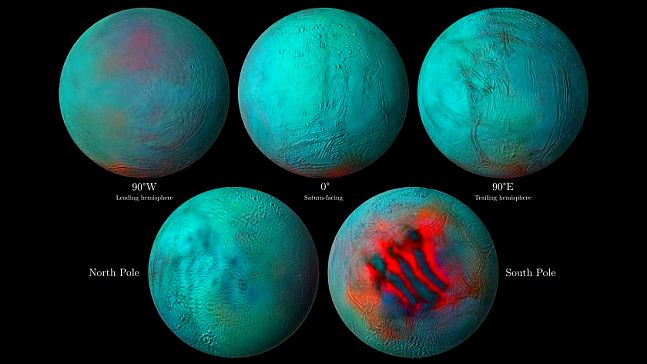 토성 위성 엔셀라두스의 적외선 이미지. 붉은 부분이 새로운 얼음 표면이 발견된 지역이다.사진=NASA/JPL-Caltech/University of Arizona/LPG/CNRS/University of Nantes/Space Science Institute