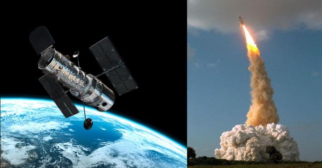 디스커버리호에 실려 발사되는 허블우주망원경과 관측 모습