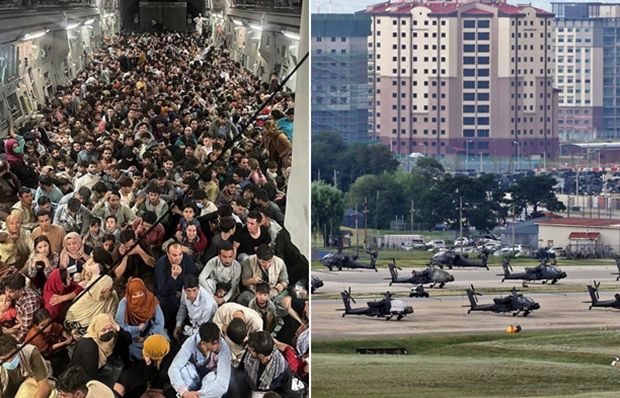 19일 탈레반 정권을 피해 아프가니스탄 카불 국제공항을 떠난 민간인들이 미군 수송기 내부에 가득 들어차 있다. (왼쪽/미군 중부사령부) 후반기 한미 연합지휘소훈련(21-2-CCPT)이 시작된 16일 오후 경기도 평택시 캠프 험프리스에 헬기들이 계류되어 있다. (오른쪽/연합뉴스)