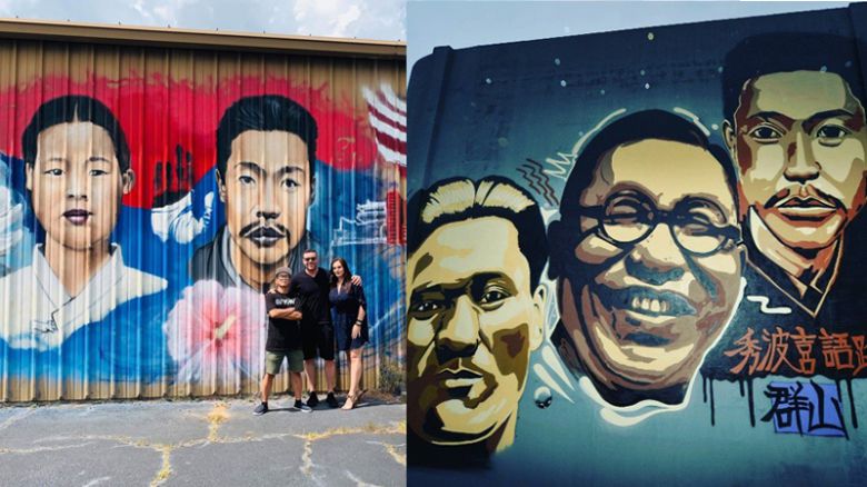 이 작가가 미국 조지아주 워너로빈스의 한 체육관 벽면에 그린 유관순 열사와 안중근 의사 모습(좌), 전북 군산 월명동의 한 벽면에 그린 김구 선생과 윤봉길, 안중근 의사 모습. [이종배 작가 제공]