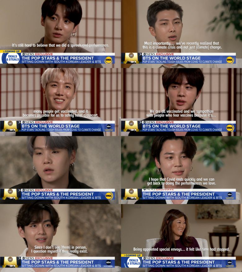 문 대통령과 함께 미ABC 방송 출연한 BTS - 24일(현지시간) 오전 방탄소년단(BTS)과 문재인 대통령이 함께 출연한 ABC방송 프로그램 ‘굿모닝 아메리카’가 방송됐다. 왼쪽 위부터 순서대로 정국, RM, 제이홉, 진, 슈가, 지민, 뷔 그리고 ABC 앵커 주주 장(한국명 장현주). ABC 캡처