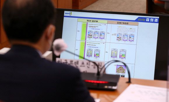 질의 듣는 조현래 원장 - 조현래 한국콘텐츠진흥원장이 14일 오전 서울 여의도 국회에서 열린 문화체육관광위원회의 한국콘텐츠진흥원, 한국출판문화산업진흥원, 영화진흥위원회 등에 대한 국정감사에서 열린민주당 김의겸 의원의 김건희 씨 박사논문과 관련된 질의를 듣고 있다. 2021.10.14 [국회사진기자단] 연합뉴스