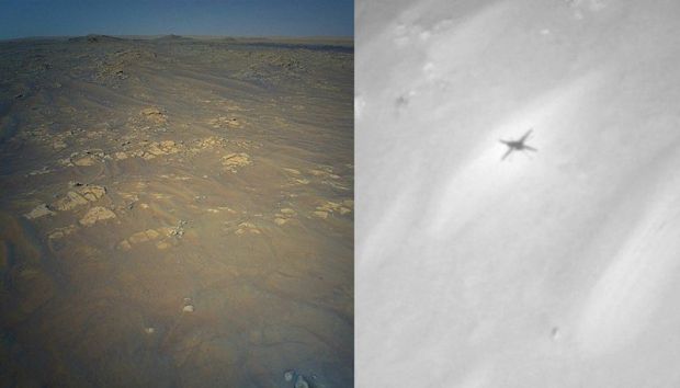 인저뉴어티가 12번째 화성 상공 비행에 나서 촬영한 예제로 분화구 내의 ‘사우스 세이타’ 지역의 모습(사진 왼쪽)과 표면에 비친 그림자