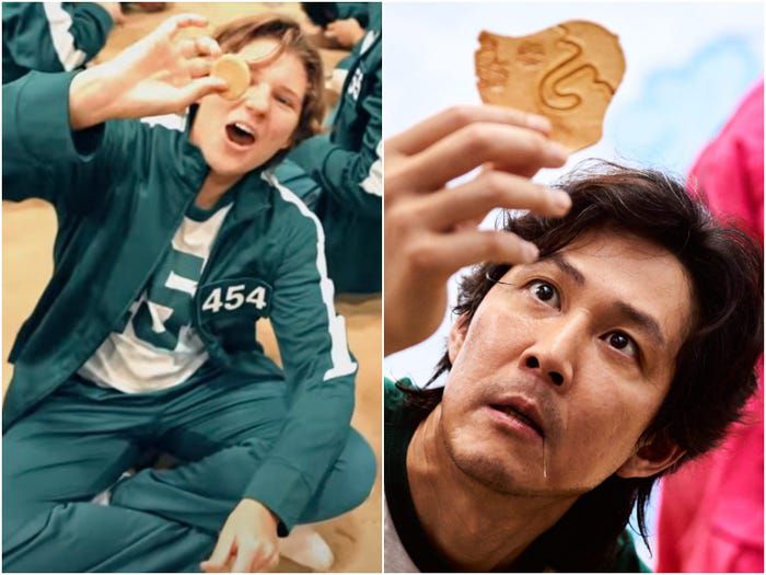 넷플릭스 오리지널 드라마 ‘오징어 게임’(오른쪽)을 똑같이 재현한 미국 유튜버의 콘텐츠(왼쪽)