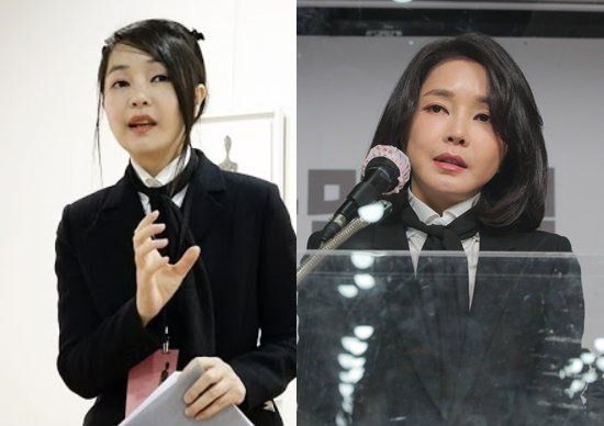 김건희씨 수년 전 언론 인터뷰 모습(왼쪽)과 지난해 12월 26일 대국민 사과 기자회견 모습. 온라인 커뮤니티, 연합뉴스