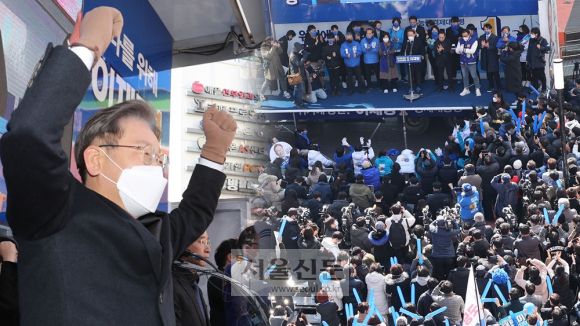 대선 공식 선거운동이 시작된 15일 이재명 더불어민주당 대선 후보가 대구 동성로에서 지지를 호소하고 있다. (왼쪽), 지지를 호소하는 이 후보 앞으로 지지자들이 보인다. (오른쪽) 2022. 2. 15 정연호 기자