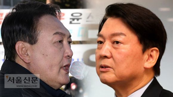 윤석열 국민의힘 대선 후보(왼쪽)가 17일 유세 중인 모습. 정연호 기자, 안철수 국민의당 후보(오른쪽). 연합뉴스DB.