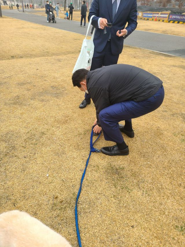 윤석열 대통령 당선인이 13일 반포 한강공원에서 반려견 토리와 산책하면서 뒷정리를 하고 있다. 당선인 대변인실