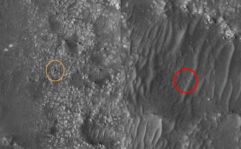NASA의 화성정찰위성이 촬영한 퍼서비어런스(좌측)와 소형헬기 인저뉴어티. 사진=NASA/JPL-Caltech/University of Arizona