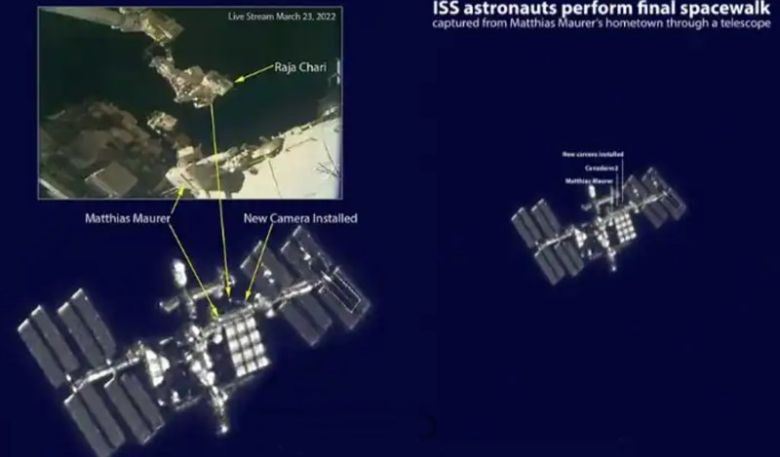 세바스찬 볼트메가 촬영한 국제우주정거장과 우주유영하는 두 우주인의 모습