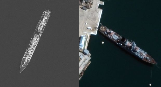 지난 10일과 7일 크름반도(크림반도) 세바스토폴 북서쪽 흑해상과 세바스토폴 항구에 정박해있는 모스크바호의 위성 사진. 사진=맥사 테크놀러지