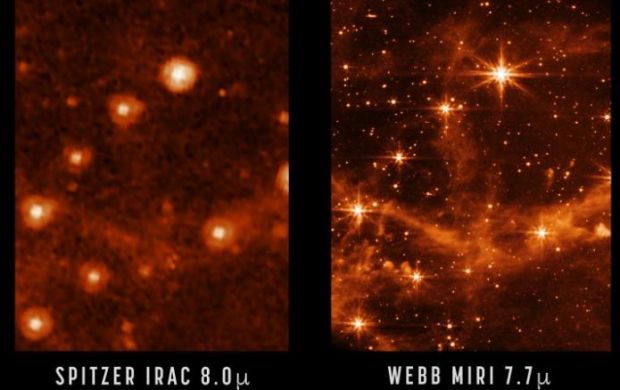 스피처 우주망원경(사진 왼쪽)과 제임스웹 우주망원경이 촬영한 대마젤란은하의 일부 모습. 사진=NASA/JPL-Caltech, NASA/ESA/CSA/STScI