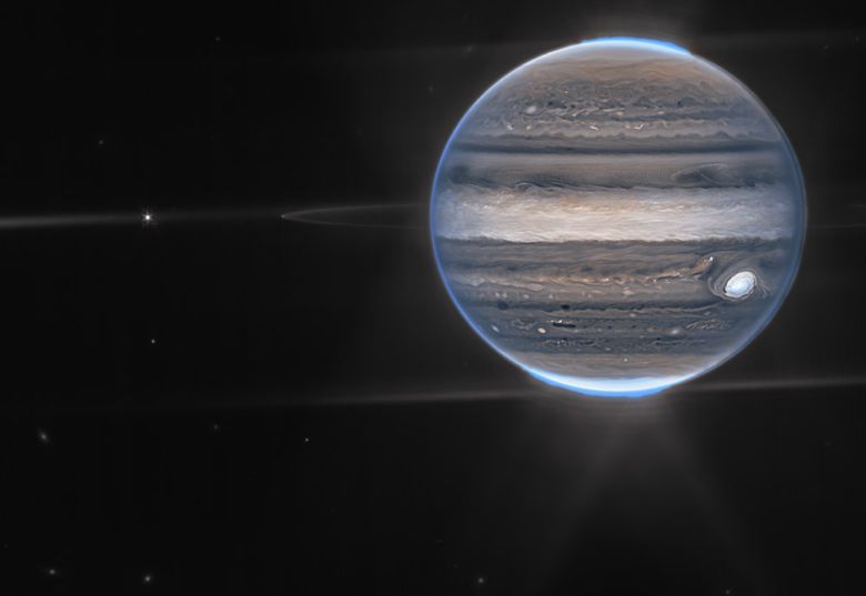 제임스 웹 우주망원경이 포착한 목성과 고리, 위성들의 모습. 사진=NASA, ESA, CSA, Jupiter ERS Team; image processing by Ricardo Hueso (UPV/EHU) and Judy Schmidt.