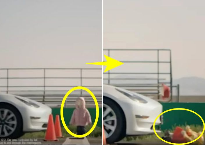 완전자율주행(FSD) 모드의 테슬라 자동차가 어린이 모형을 인지하지 못하고 그대로 들이받는 영상
