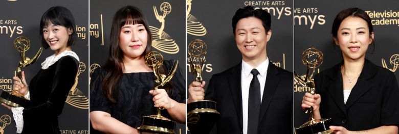 ‘오징어 게임’이 비영어권 드라마로는 사상 처음으로 미국 방송계 최고 권위를 자랑하는 에미상을 수상했다. ‘오징어 게임’은 4일(현지시간) 미국 로스앤젤레스 마이크로소프트 극장에서 열린 제74회 크리에이티브 아츠 프라임타임 에미상 시상식에서 4관왕에 올랐다. 왼쪽부터 드라마 여우 게스트상을 수상한 이유미, 프로덕션디자인상과 스턴트퍼포먼스상, 시각효과상을 각각 대표로 수상한 김은지, 심상민, 김혜진.로스앤젤레스 AP·AFP 연합뉴스
