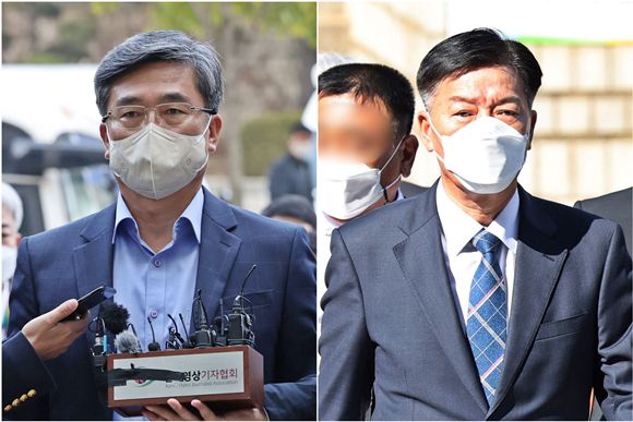 ‘서해 공무원 피격’ 은폐 의혹을 받고 있는 서욱 전 국방부 장관(왼쪽)과 김홍희 전 해양경찰청장이 21일 영장실질심사를 받기 위해 서초동 서울중앙지법으로 들어서고 있다. 2022.10.21 연합뉴스