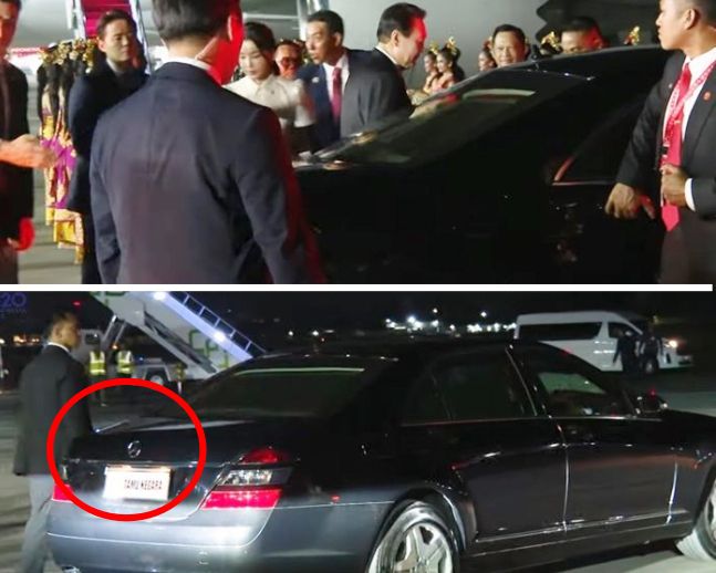 지난 13일(현지시각) 인도네시아 발리에 도착해 메르세데스-벤츠 S600가드에 탑승해 이동하는 윤석열 대통령. 인도네시아 대통령비서실 공식 유튜브 캡처