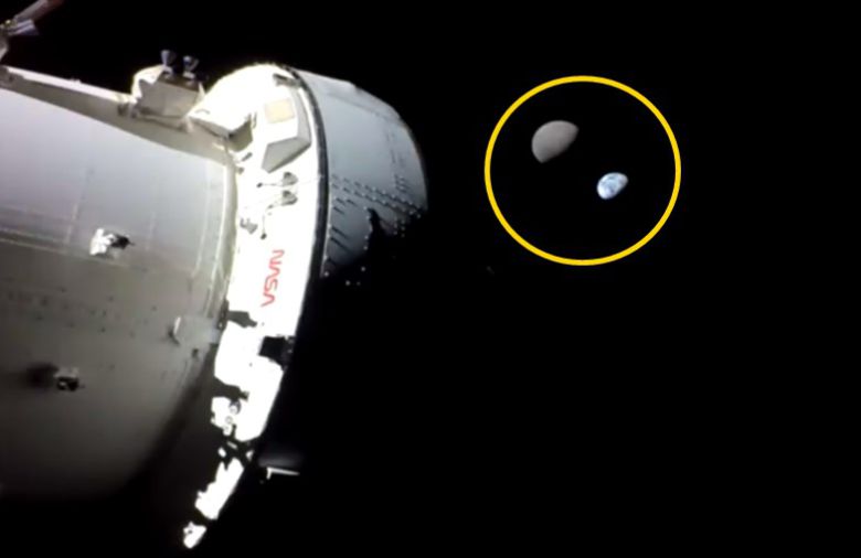 지난 28일 오리온 우주선이 촬영한 달과 지구의 모습. 사진=NASA