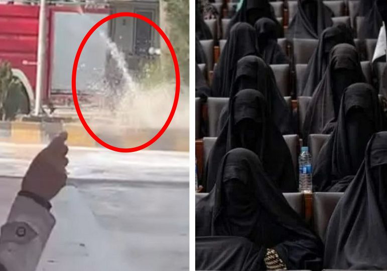 왼쪽은 아프가니스탄을 장악한 탈레반이 ‘여학생 대학 교육 금지 조치’에 항의하는 시위대에 물대포를 쏘는 모습, 오른쪽은 탈레반의 명령으로 얼굴을 모두 가리는 의복을 착용한 채 대학 수업을 듣는 아프간 여학생들