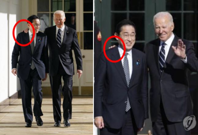 미국 현지시간으로 13일, 바이든 대통령은 백악관에 도착한 기시다 총리의 어깨에 손을 올리는 등 환대하며 친근함을 과시했다. 또 기시다 총리를 ‘후미오’라고 이름으로 부르기도 했다