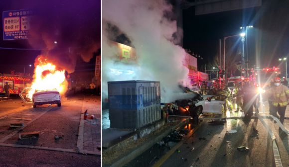 23일 오전 1시 37분쯤 대전 서구 탄방동 남선공원 네거리에서 K5 렌터카가 도로변 표지판 철제 기둥을 들이받아 불이 났다. 이 사고로 차에 타고 있던 2명이 불에 타 숨지고 동승자 3명도 다쳐 인근 병원으로 옮겨졌다. 2023.1.23 대전 둔산소방서 제공