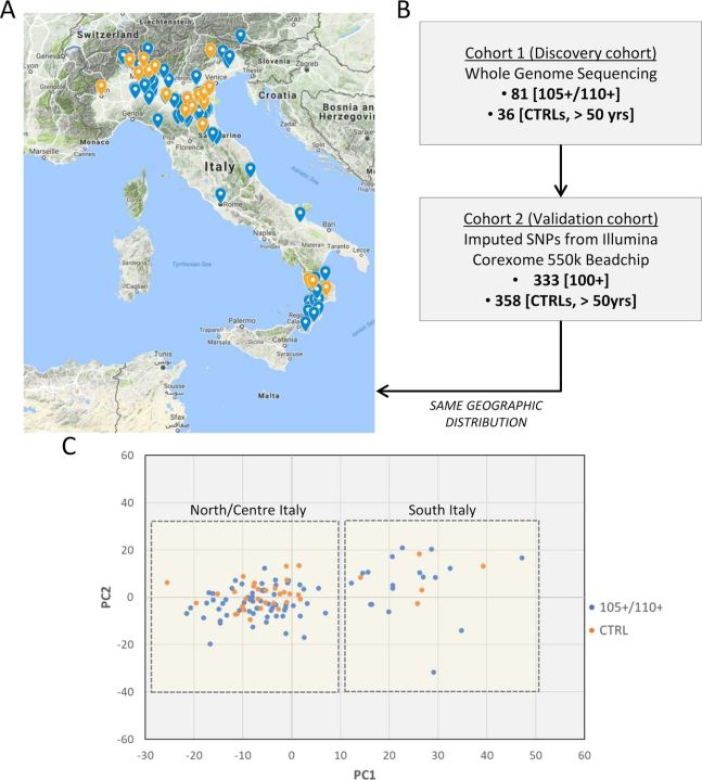 105세 이상 및 110세 이상의 초고령자(파란색)와 68세 전후의 고령자(주황색)가 거주하는 지역을 나타낸 지도. /사진=이라이프