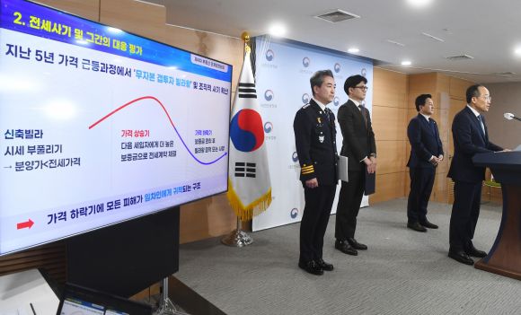 사 브리핑실에서 원희룡 국토부 장관과 한동훈 법무부 장관, 윤희근 경찰청장이 참석한 가운데 전세사기 대책 관련 합동브리핑을 하고 있다. 2023.2.2안주영 전문기자