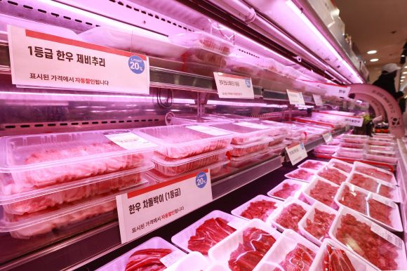 제수 음식 필수재료 소고기 할인 - 12일 서울 중구 롯데마트 서울역점을 찾은 시민이 장을 보고 있다. 롯데마트는 오는 18일까지 설 성수품 물가 안정을 위해 지난 설 명절 기간 고객들이 많이 찾은 한우와 참조기, 부침가루 등을 위주로 할인 판매한다. 2023.1.12  연합뉴스