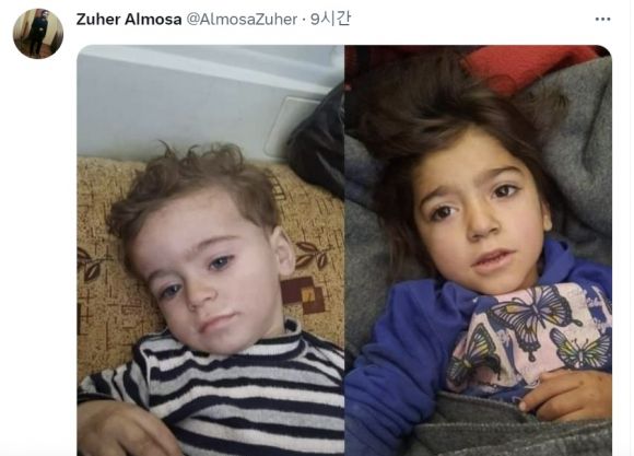 현지 기자가 공개한 소녀와 동생의 구조 후 사진. 트위터 @AlmosaZuher