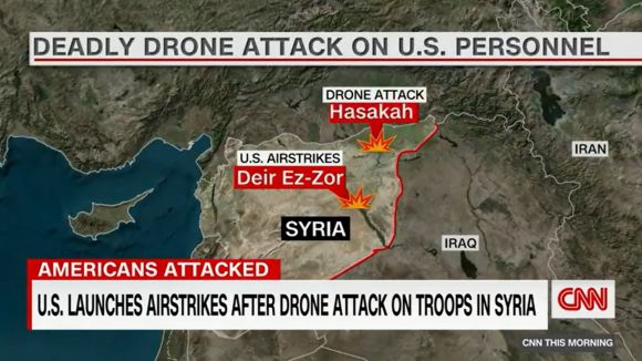 23일(현지시간) 시리아 북동부 하사카에서는 미군이 이끄는 연합군 기지 유지관리 시설물이 자폭 드론의 공격을 받아 부대 계약업자 1명이 숨지고 또 다른 계약업자 1명과 장병 5명이 부상했다. 미국 정보당국은 공격을 감행한 드론이 이란제인 것으로 판단했고, 즉각 보복 공격으로 응수했다. AP통신에 따르면 이라크와 국경을 맞댄 시리아 북부 유전지역 데이르에조르 주(州)에서 폭발이 발생하는 내용의 동영상이 이날 소셜네트워크서비스(SNS)에서 확산했다. 2023.3.24 CNN