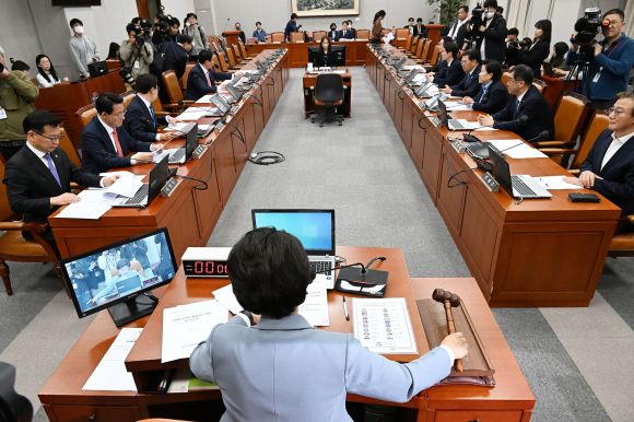 남인순 국회 정치개혁특별위원회 위원장이 22일 서울 여의도 국회에서 열린 정개특위 전체회의에서 의사봉을 두드리고 있다. 이날 정개특위에서는 ‘국회의원 300석’ 전제 선거제 개선 결의안을 채택했다. 2023.3.22 오장환 기자