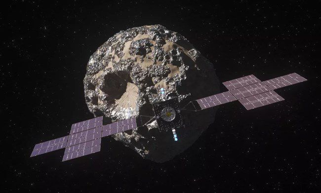 16프시케(16 Psyche)를 탐사하는 우주선의 그래픽 이미지. 사진=NASA/JPL-Caltech