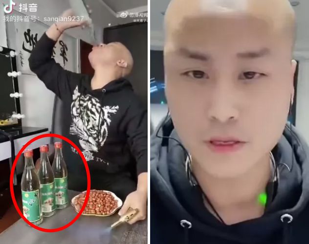 지난달 16일 SNS 라이브스트리밍 중 알코올 도수 60도의 바이주 7병을 마신 뒤 다음 날 숨진 채 발견된 중국 인플루언서 왕 씨(34). 왼쪽은 왕 씨의 라이브 방송 캡처
