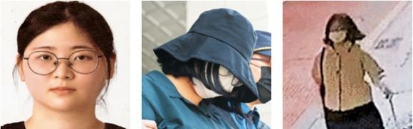 ‘또래 여성 살해’ 피의자 정유정(23)이 지난 2일 마스크와 벙거지로 얼굴을 가린 채 검찰에 송치되고 있다(가운데). 1일 부산경찰청은 앳된 얼굴의 증명사진을 공개했다(왼쪽). 5월 26일 정유정이 시신을 담을 여행용 가방을 끌고 가는 폐쇄회로(CC)TV 영상에서도 얼굴을 제대로 확인하기 어렵다(오른쪽). 연합뉴스·부산경찰청 제공