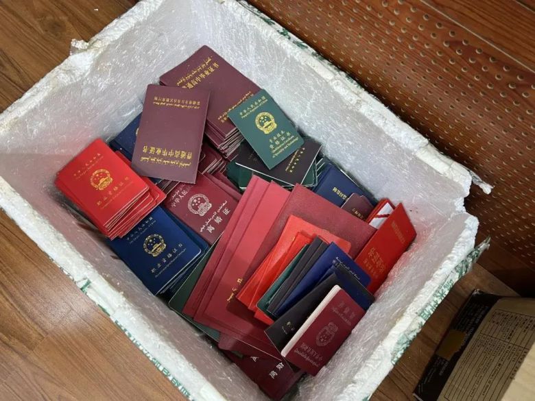 일당들의 은신처에서 발견된 위조 신분증.사진:웨이보