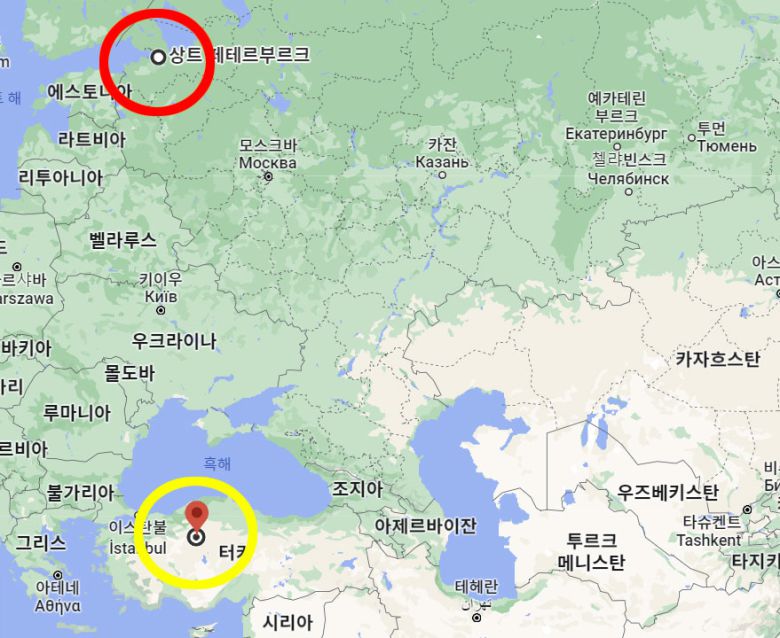 러시아 민간 용병기업 와그너 그룹 본사가 위치한 러시아 상트페테르부르크(빨간색 동그라미)와 튀르키예 수도 앙카라(노란색 동그라미)의 위치를 나타낸 지도. / 사진=구글맵