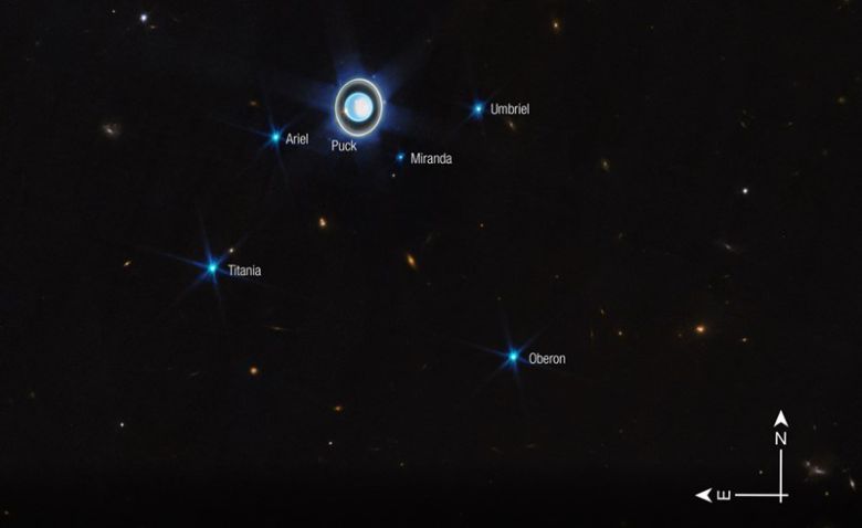 제임스웹이 촬영한 천왕성의 27개 위성 중 6개 위성. 다른 은하들도 배경에 보인다. 사진=NASA, ESA, CSA, STScI