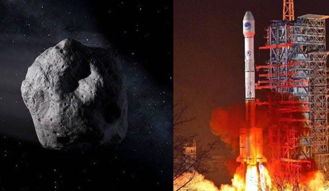 과거 발사 중인 창정(長征) 로켓과 소행성 그래픽 이미지