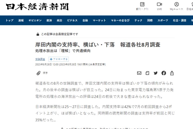 기시다 일본 총리 내각의 지지율을 다른 니혼게이자이신문의 28일자 보도