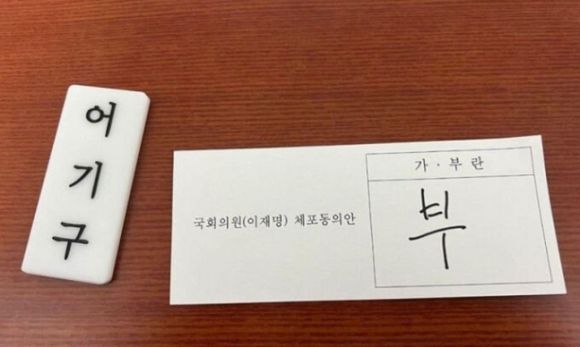 어기구 더불어민주당 의원 명패와 투표용지.  온라인 커뮤니티 캡처