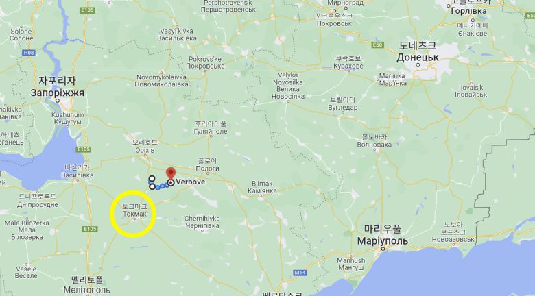 삼각형처럼 보이는 로보티네와 베르보베, 노보프로쿠피우카 지역은 우크라이나군이 남쪽 방향 도시 토크마크(노란색 동그라미)로 나아가는 관문이다. / 사진=구글맵