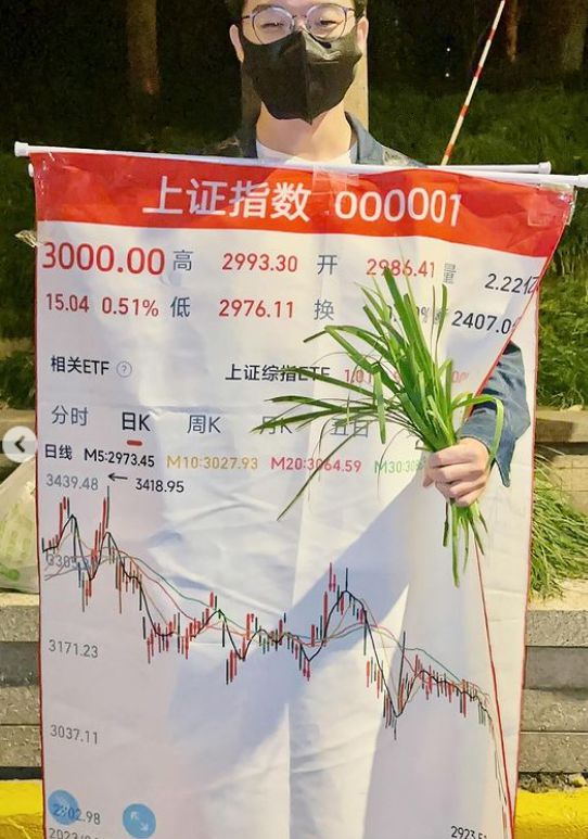 중국의 침체된 주식 시장을 설명하는 보드를 핼러윈 복장으로 입은 남성. 인스타그램 캡처